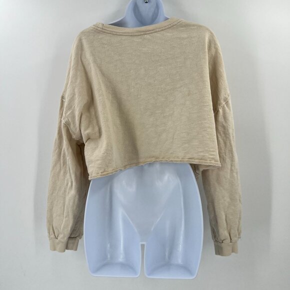 FP Beach Boho Crop Top L Large Beige Slouchy High Low Hem 100% Cotton Knit - Picture 2 of 10